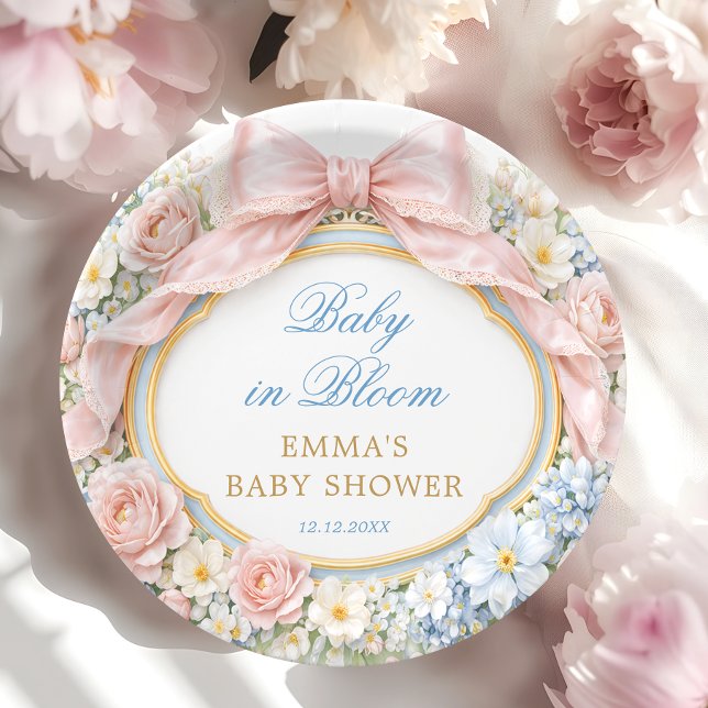 Baby in Bloom Floral Pink Bow Girl Baby Shower Paper Plates (Creator Uploaded)