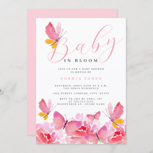 Baby in Bloom Floral Pink Butterfly Baby Shower Invitation