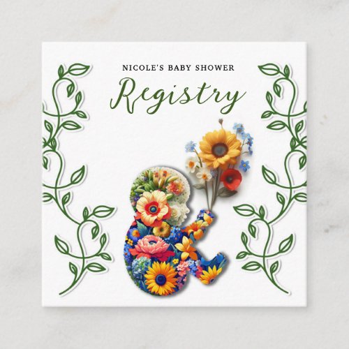 Baby in Bloom Floral Vine Baby Shower Registry  Square Business Card