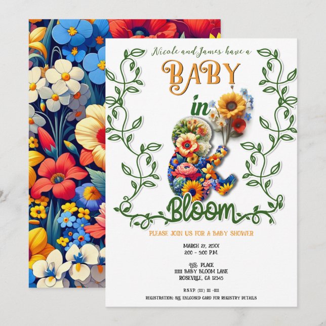Baby in Bloom Floral Vine Leaf Baby Shower Invitation (Front/Back)