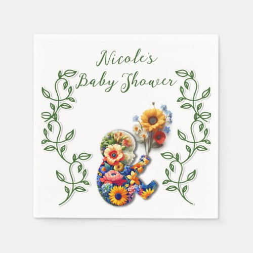 Baby in Bloom Floral Vine Leaf Baby Shower Napkins