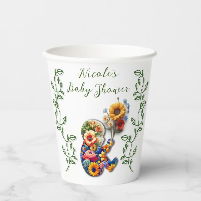 Baby in Bloom Floral Vine Leaf Baby Shower Paper Cups (Front)