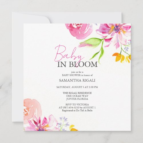 Baby In Bloom Floral Watercolor Shower Invitation