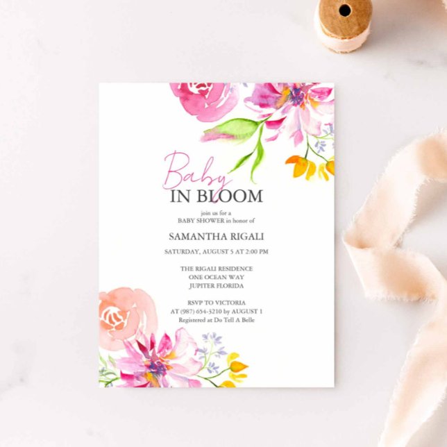 Baby In Bloom Floral Watercolor Shower Invitation (Pink floral baby shower invitation features unique watercolor art by Victoria Grigaliunas)