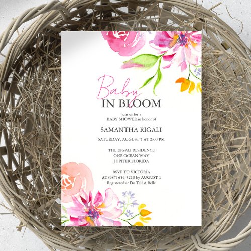 Baby In Bloom Floral Watercolor Shower Invitation