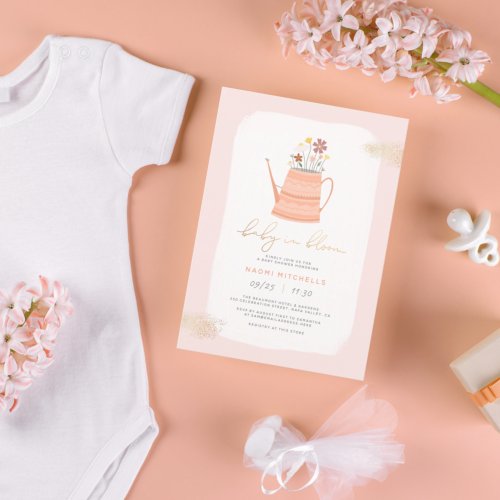 Baby In Bloom Floral Watering Can Gold Baby Shower Invitation