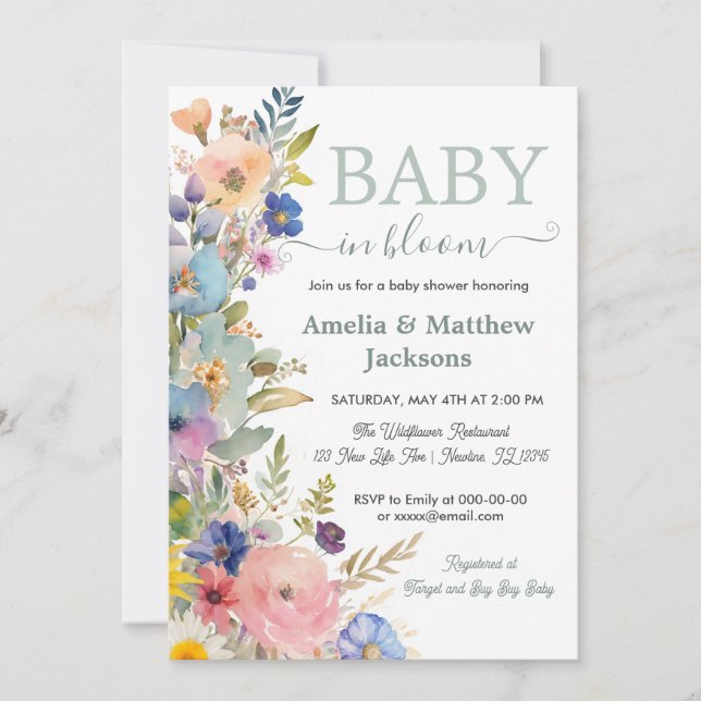 Baby in bloom floral wildflowers gender neutral  invitation (Front)