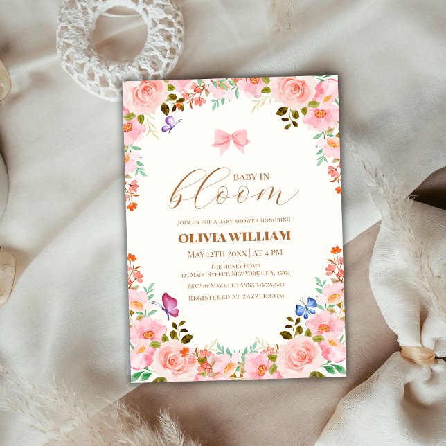 Baby In Bloom Flower Butterfly Bow Baby Shower  Invitation (Baby In Bloom Flower Butterfly Bow Baby Shower Invitation)