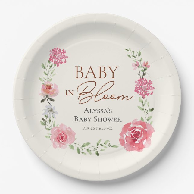 Baby In Bloom Flower Themed Baby Shower Custom Paper Plates (Front)