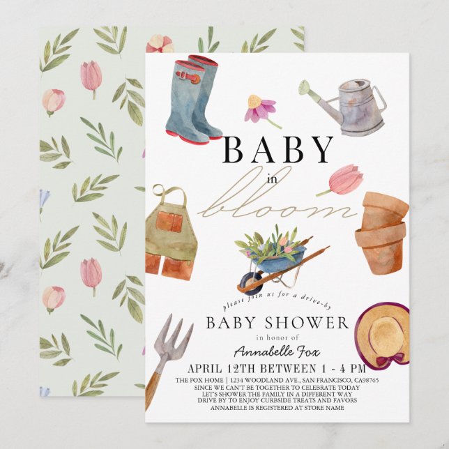 Baby in Bloom Gardening Tools Drive-by Baby Shower Invitation (Front/Back)