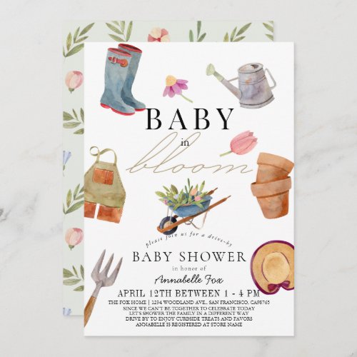 Baby in Bloom Gardening Tools Drive_by Baby Shower Invitation