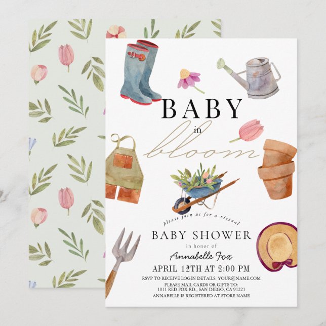 Baby in Bloom Gardening Tools Virtual Baby Shower Invitation (Front/Back)