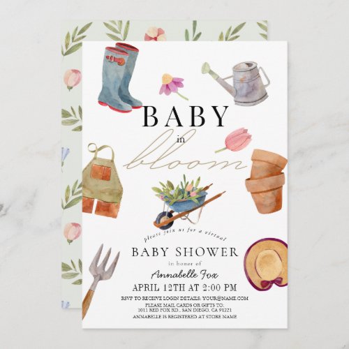 Baby in Bloom Gardening Tools Virtual Baby Shower Invitation