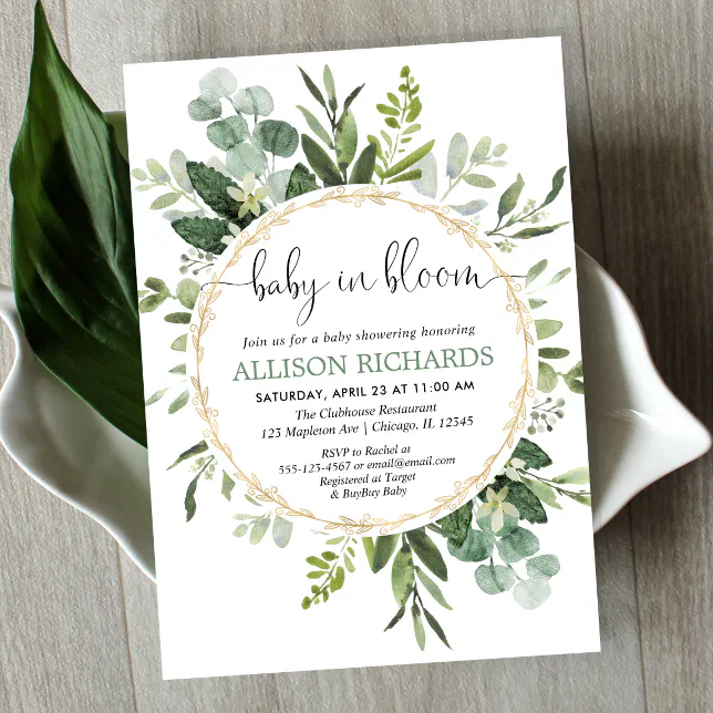 Baby in Bloom Gender neutral greenery baby shower Invitation | Zazzle