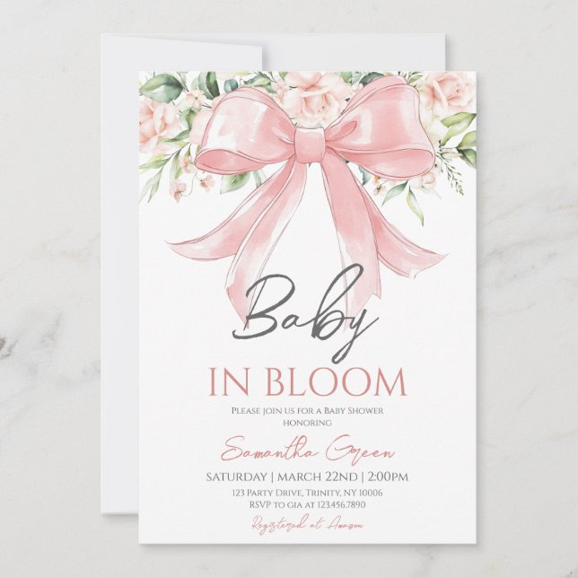 Baby in Bloom Girl Floral Ribbon Baby Shower Invitation (Front)