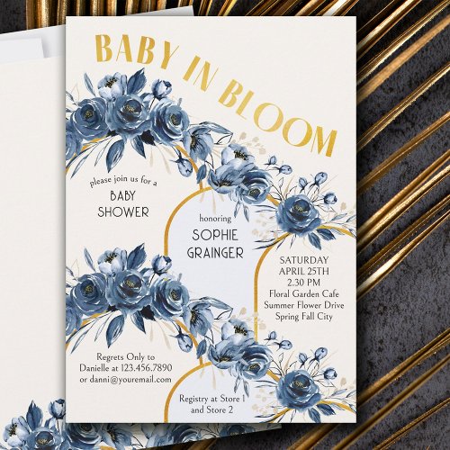 Baby in Bloom Gold Arch Blue Rose Baby Shower Invitation
