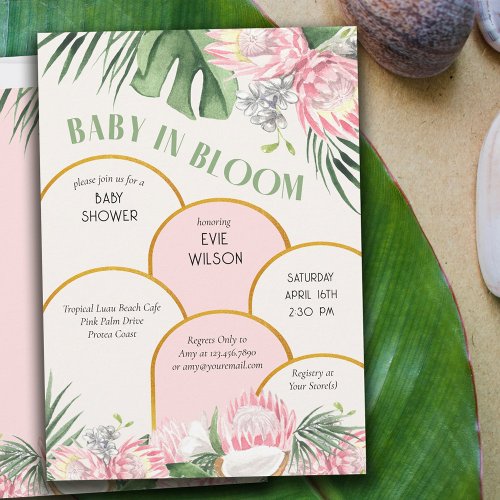 Baby in Bloom Gold Arch Pink Protea Baby Shower Invitation