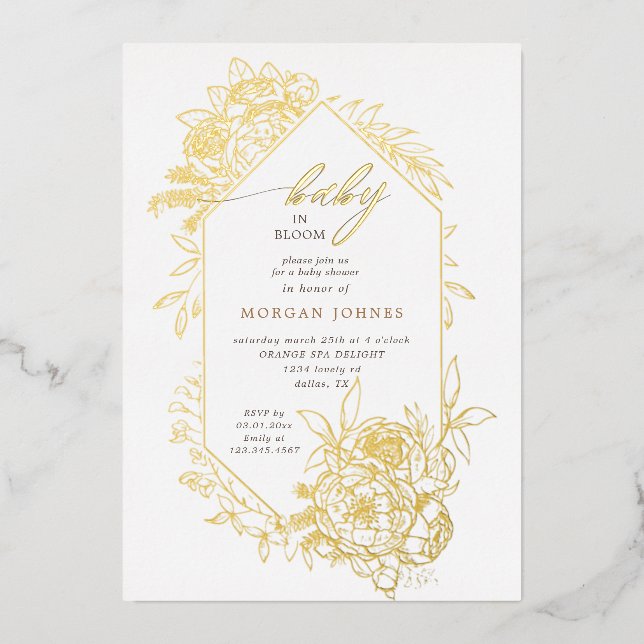 baby in bloom gold floral baby shower foil invitation (Front)