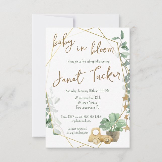 Baby in Bloom Gold Frame, Greenery Baby Shower Invitation (Front)
