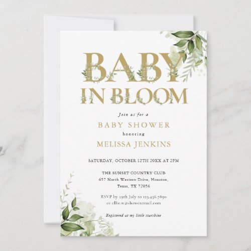 Baby In Bloom Gold Greenery Baby Shower Invitation