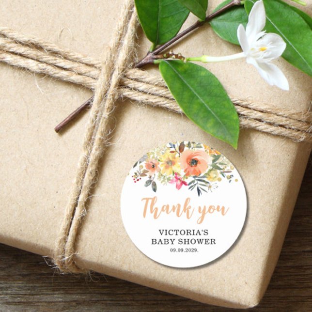 Baby in Bloom Gold Orange Baby Shower Classic Round Sticker (Creator Uploaded)
