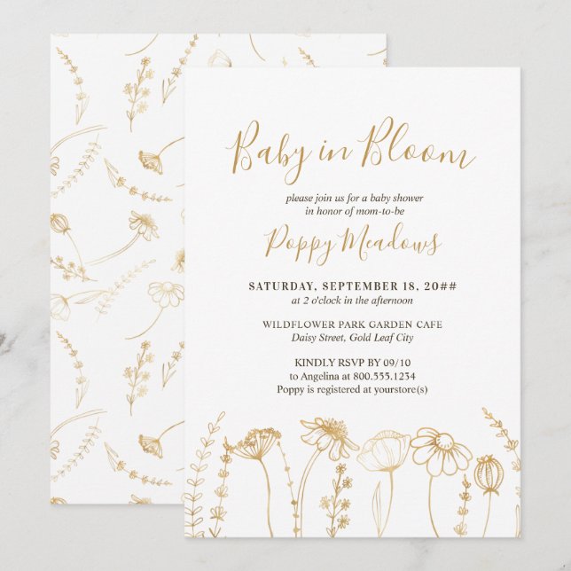 Baby in Bloom Gold Wildflower Sketch Baby Shower Invitation (Front/Back)