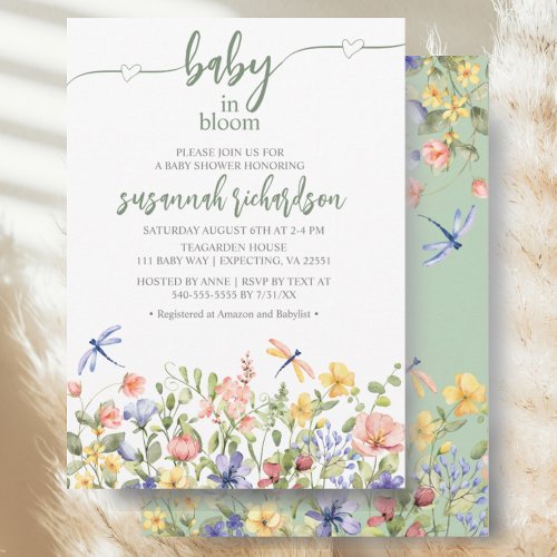 Baby in Bloom Green Wildflower Baby Shower Invitation