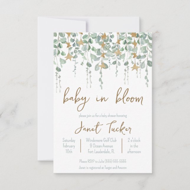 Baby in Bloom Greenery and Stars Baby Shower Invitation (Front)