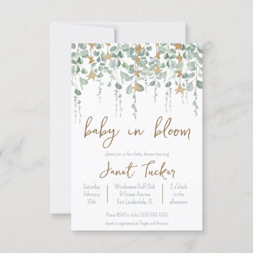 Baby in Bloom Greenery and Stars Baby Shower Invitation
