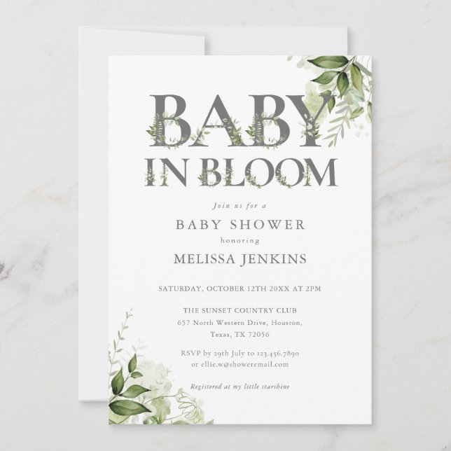 Baby In Bloom Greenery Floral Baby Shower Invitation (Front)