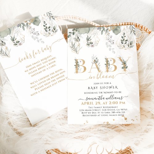 Baby in bloom Greenery  Gold Baby Shower Invitation