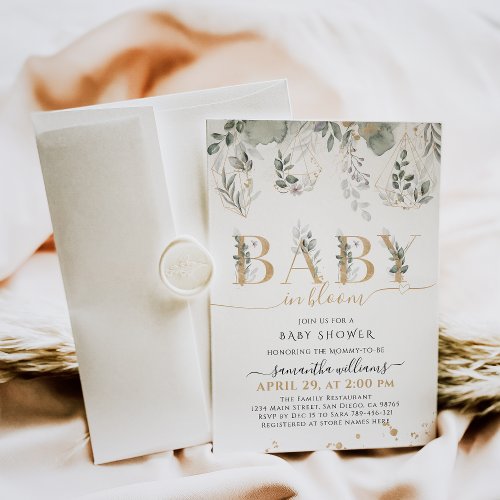 Baby in bloom Greenery  Gold Baby Shower Invitation
