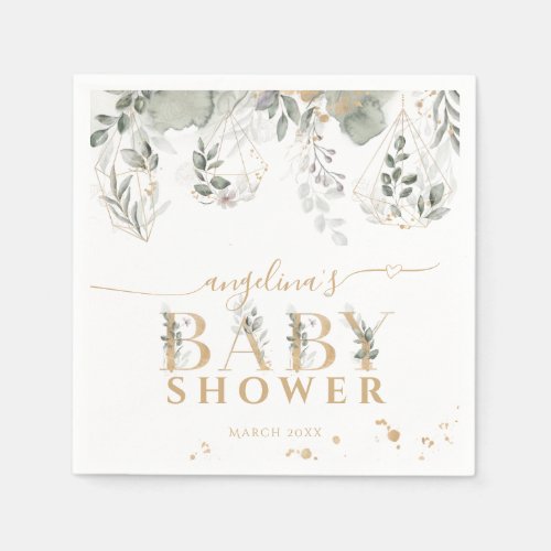Baby in bloom Greenery  Gold Baby Shower Napkins