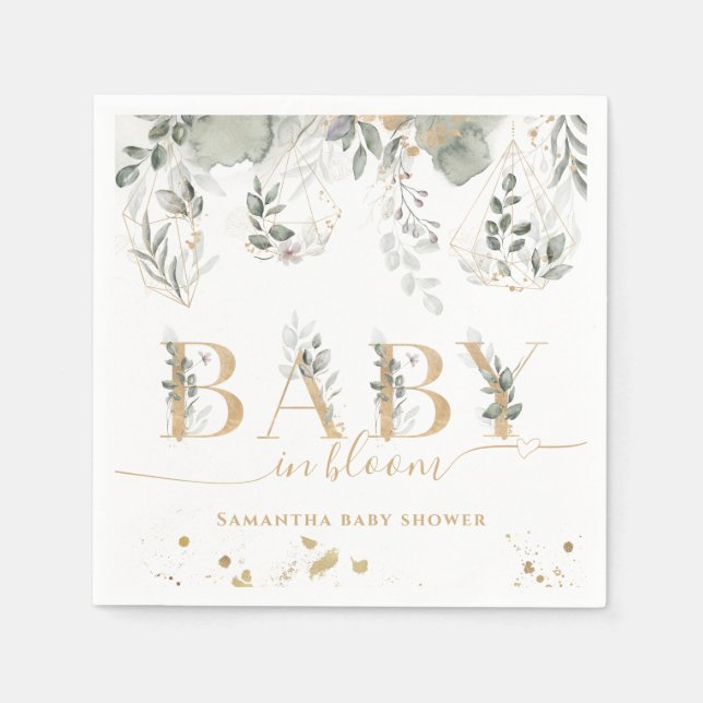 Baby in bloom Greenery & Gold Baby Shower Napkins (Front)