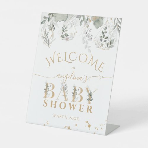Baby in bloom Greenery  Gold Baby Shower Pedestal Sign