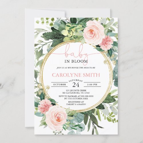 Baby In Bloom Greenery Pink Baby Shower Invitation