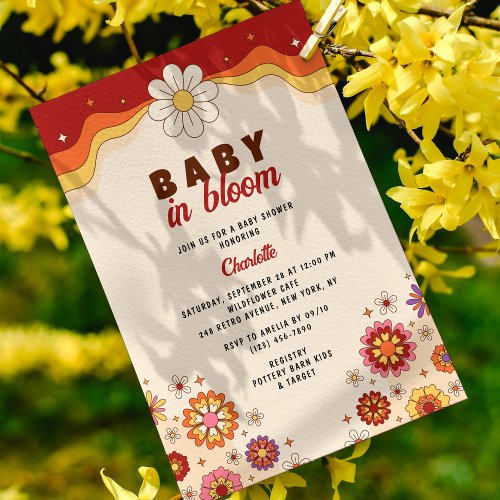Baby In Bloom Groovy Retro Hippie Flowers Invitation