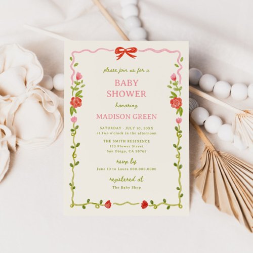 Baby In Bloom Hand Drawn Floral Bow Baby Shower Invitation