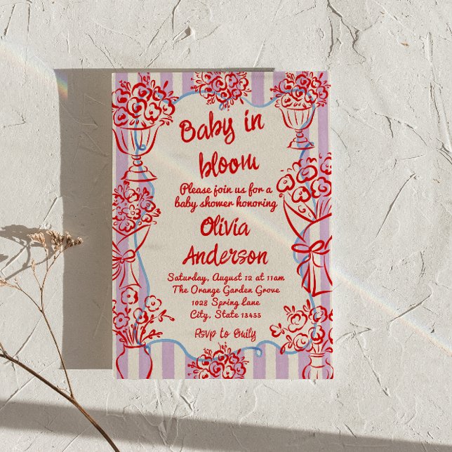 Baby in Bloom Hand Drawn Flowers Retro Baby Shower Invitation (Creator Uploaded)