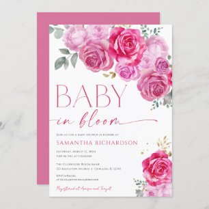 Baby in Bloom hot pink fuchsia bright floral girl Invitation