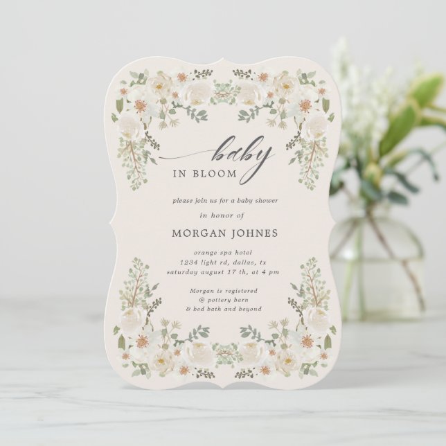 Baby In Bloom Ivory Floral Baby Shower Invite (Standing Front)