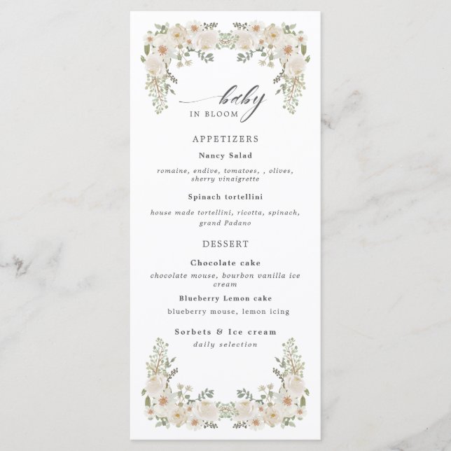 baby in bloom ivory floral baby shower menu (Front)