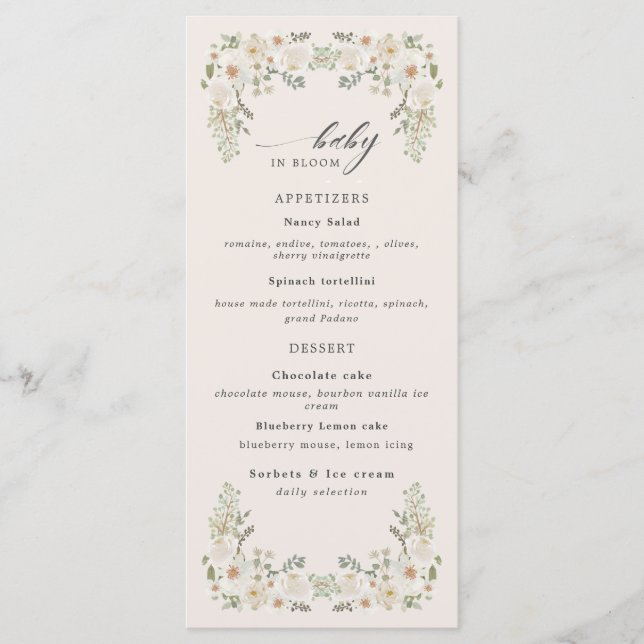 baby in bloom ivory floral baby shower menu (Front)