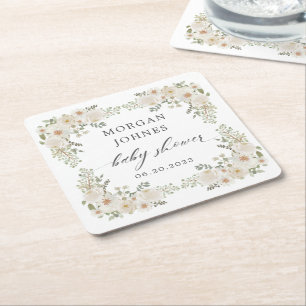 Baby In Bloom Ivory Floral Baby Shower Square Paper Coaster