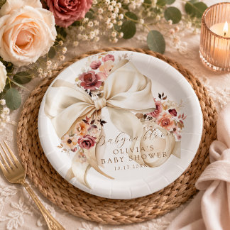Baby in Bloom Ivory Floral Bow Baby Shower Paper Plates