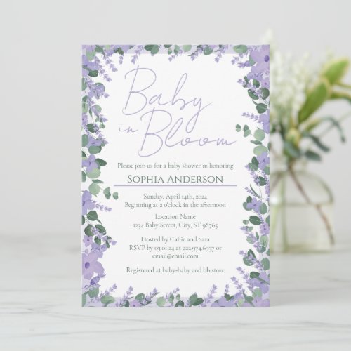 Baby In Bloom Lavender Purple Floral Baby Shower Invitation