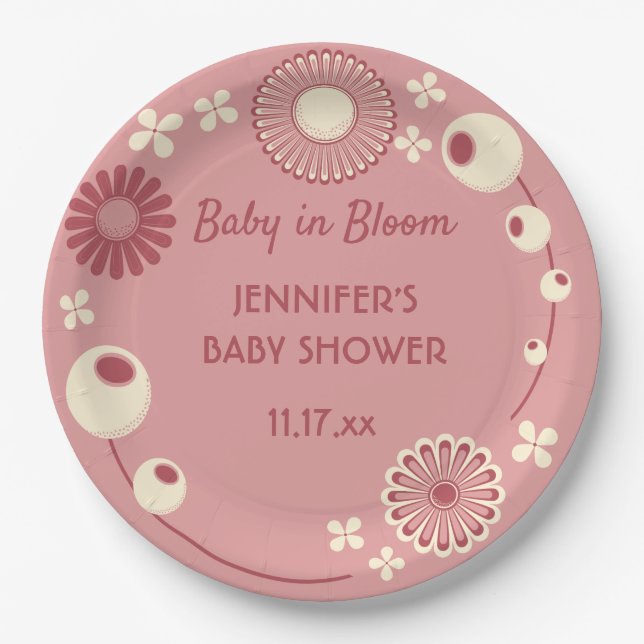 Baby in Bloom Mauve Pink Floral Girl Shower Paper Plates (Front)