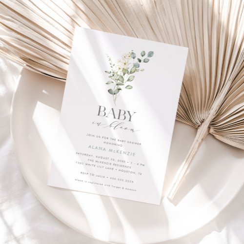 Baby in Bloom Mint Greenery Floral Invitation
