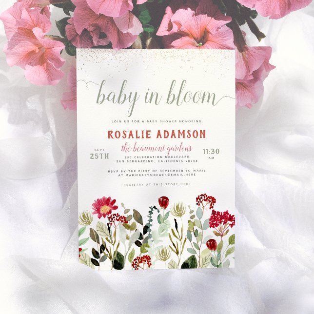 Baby in Bloom | Modern Floral Greenery Baby Shower Invitation (Creator Uploaded)