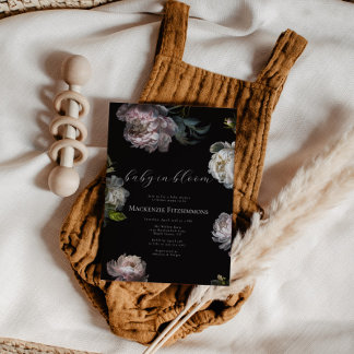 Baby in Bloom Moody Peony Dark Floral Baby Shower Invitation